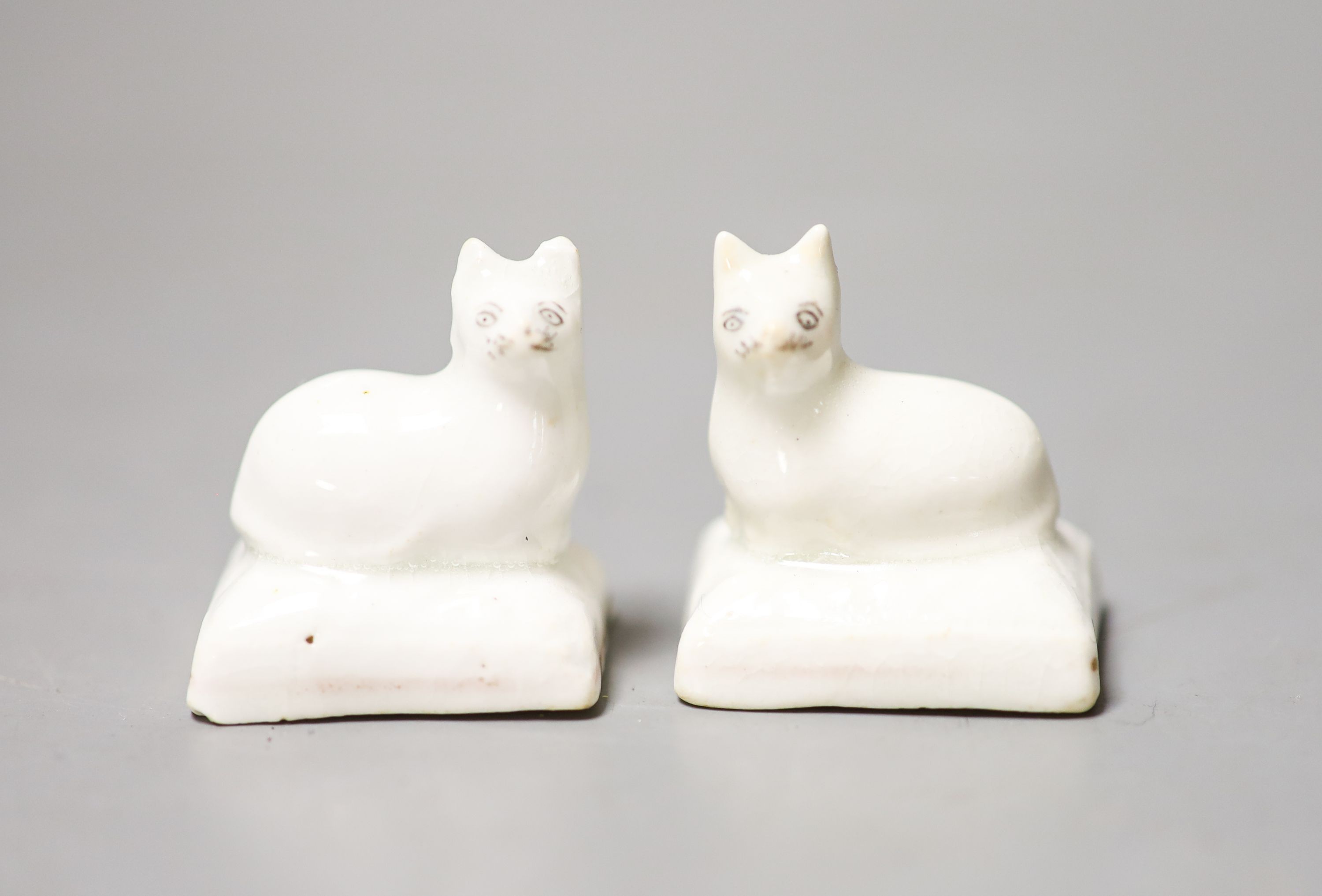 A pair of Staffordshire porcelain models of recumbent kittens, each on a rectangular base 3cm